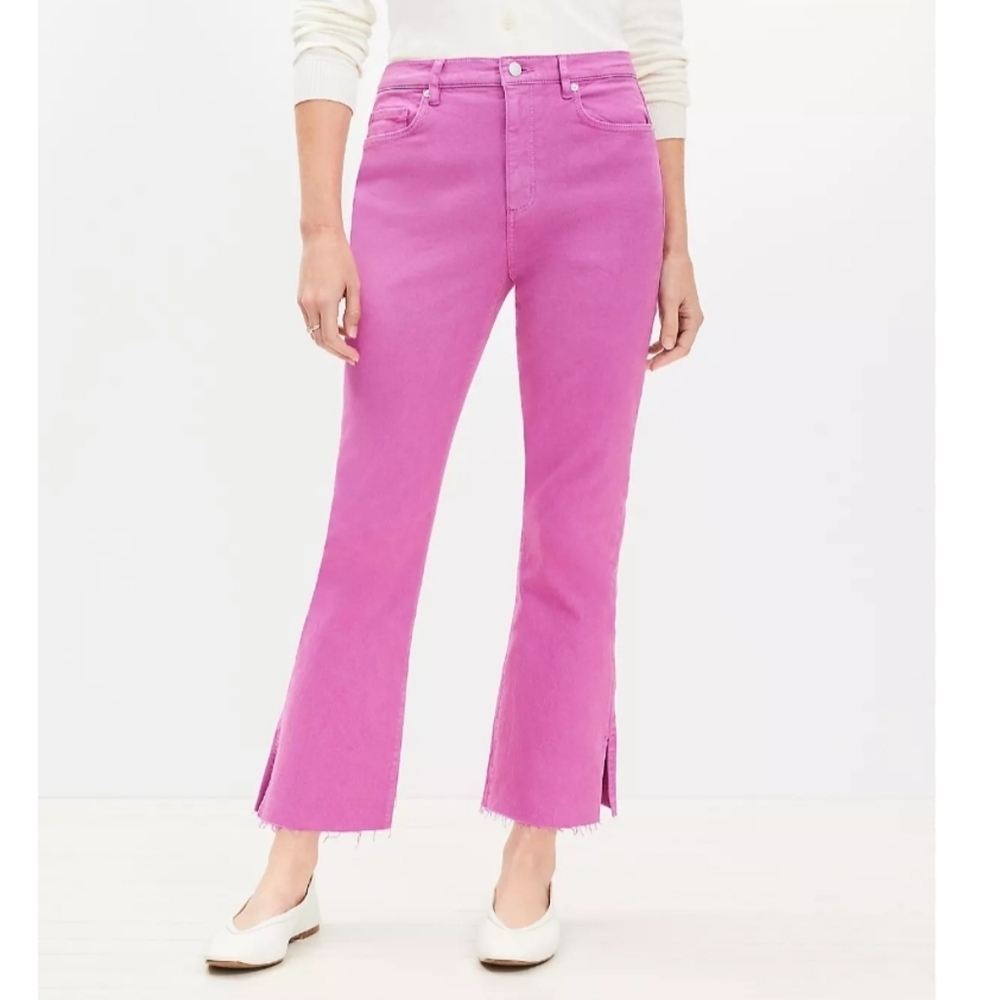 Loft The Kick Crop Pink Split Flare Leg Raw Hem Jeans Pants
